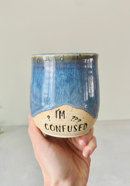 12 oz “Im Confused” Blue Speckled Mug