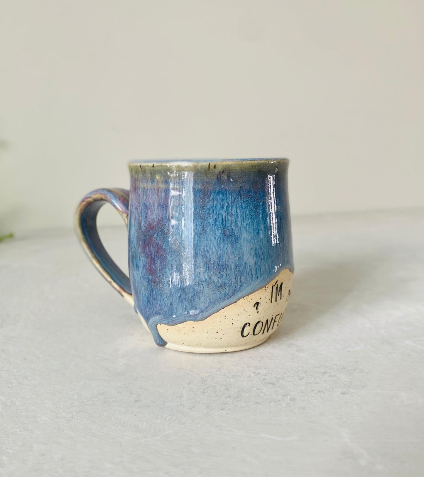 12 oz “Im Confused” Blue Speckled Mug