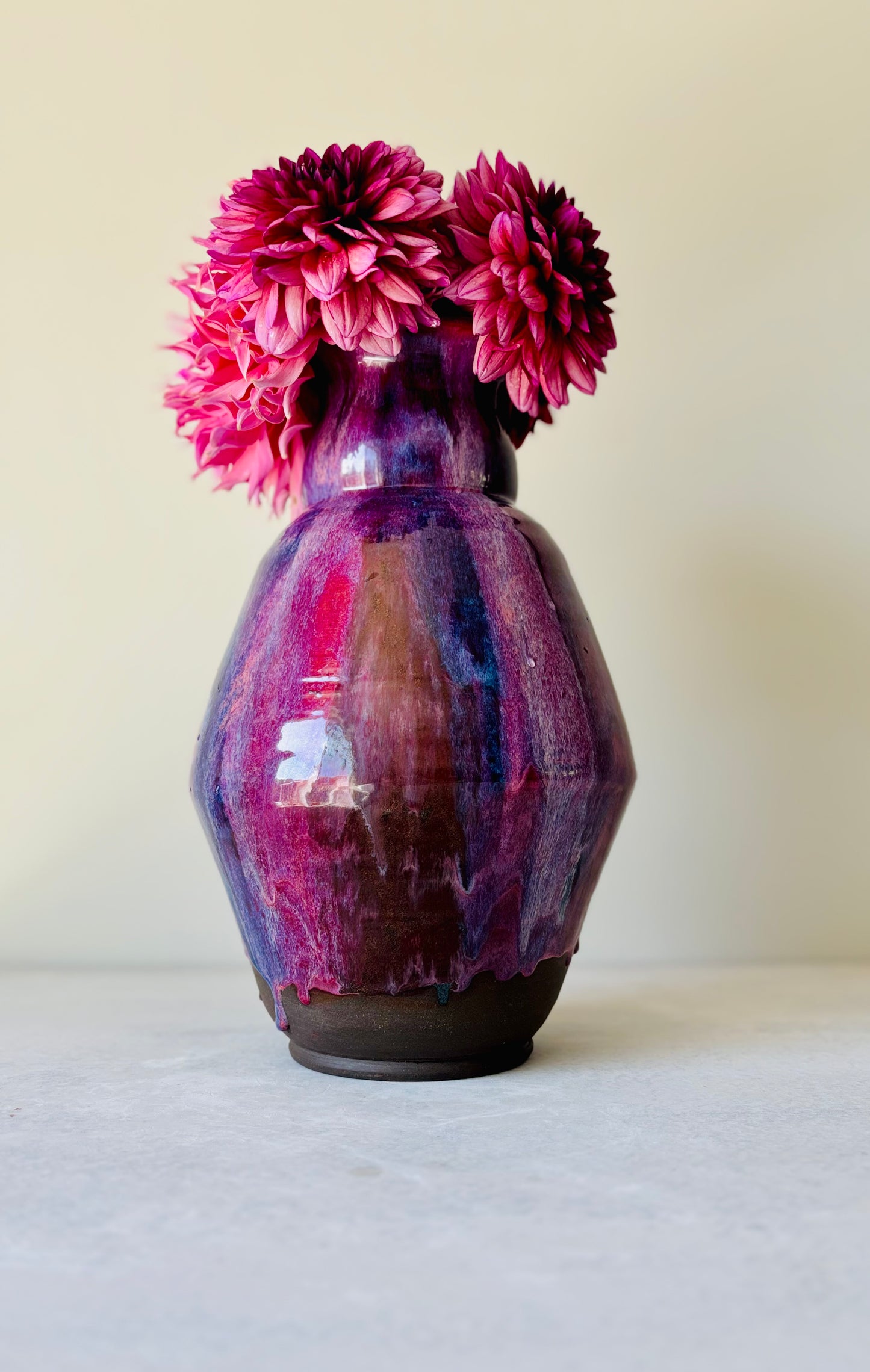 Large Purple Striped Black Clay Vase