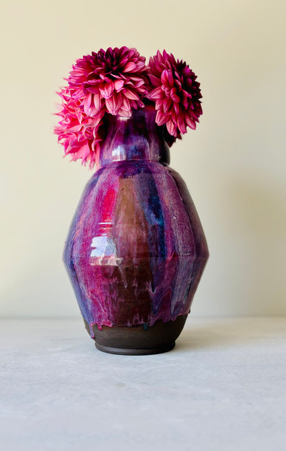 Large Purple Striped Black Clay Vase
