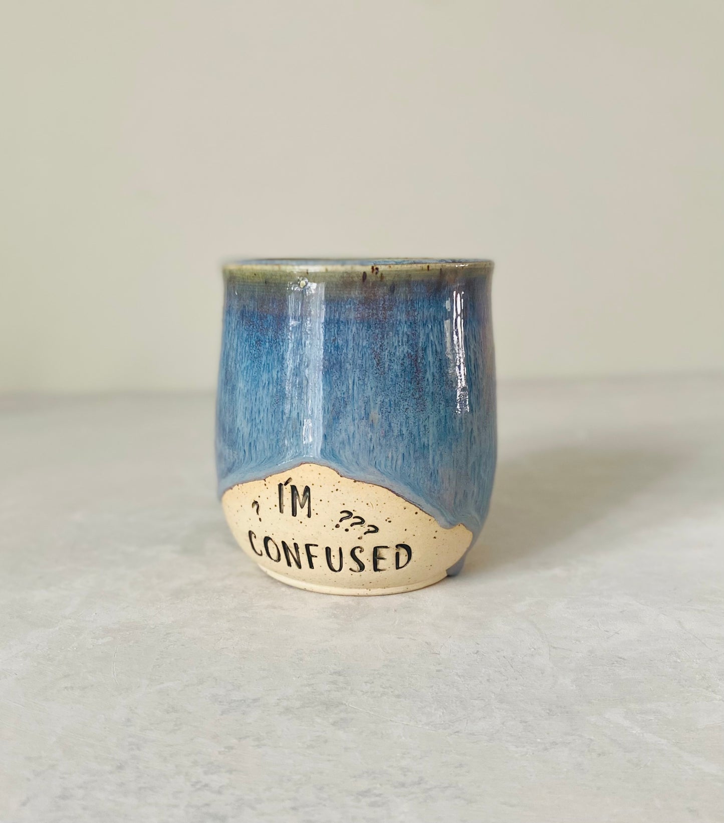 12 oz “Im Confused” Blue Speckled Mug