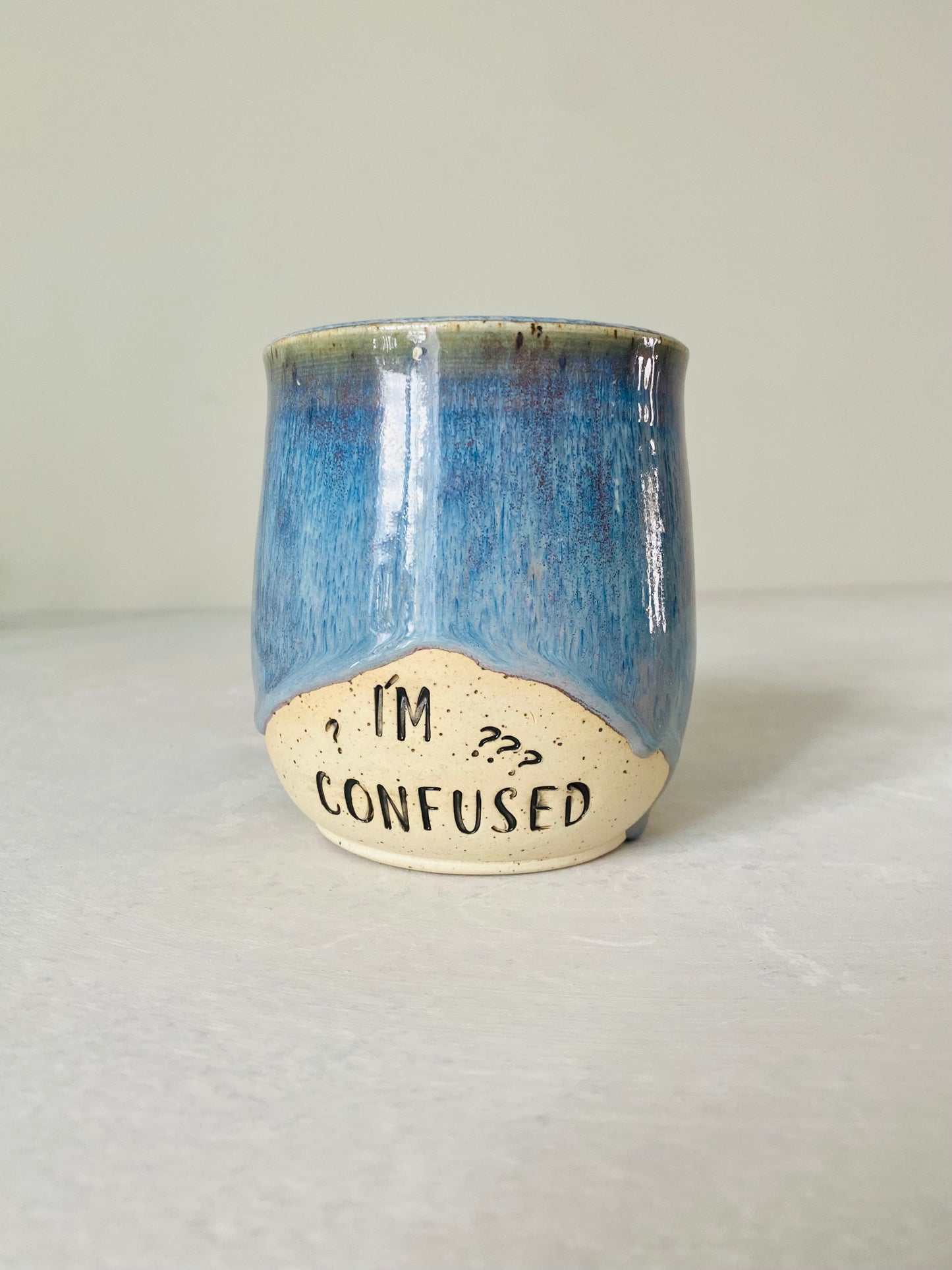 12 oz “Im Confused” Blue Speckled Mug