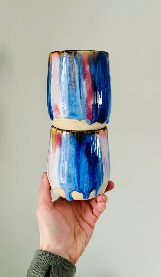 14 fl oz Set of 2 Tumblers in Blue Stripe on Cream Stoneware