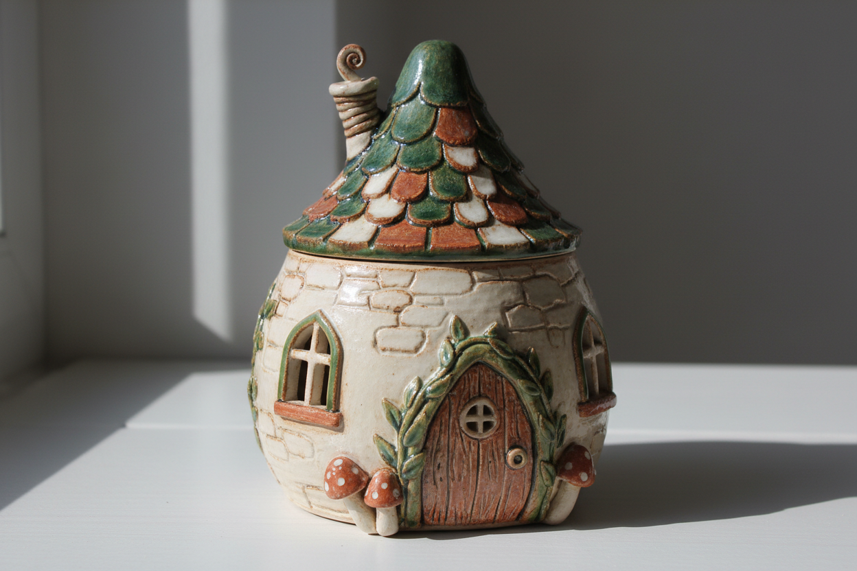 lidded fairy house jar clay